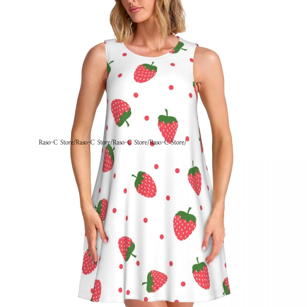 Women's Dress Bright Strawberries And Dots Summer Casual T Shirt Beach Cover up Tank Dress