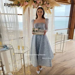 Eightree Sparkly Sequins Dubai Evening Dress 2024 Luxury Blue Muslim Wedding Party Arabic Tea Length Women Dresses فساتين سهرة