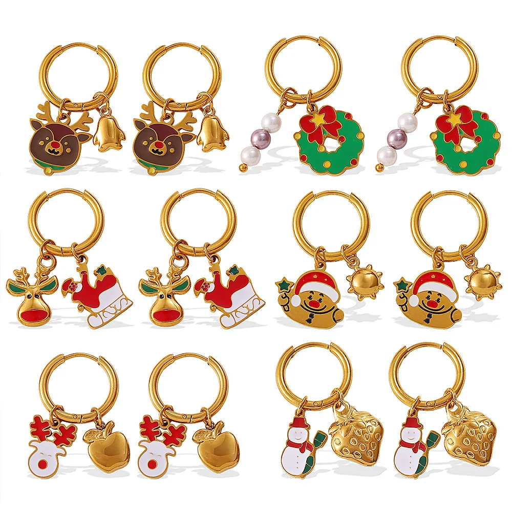 Christmas style Elk Earrings Oil Drop Snowman Santa Stainless Steel for WomenFestive Accessories