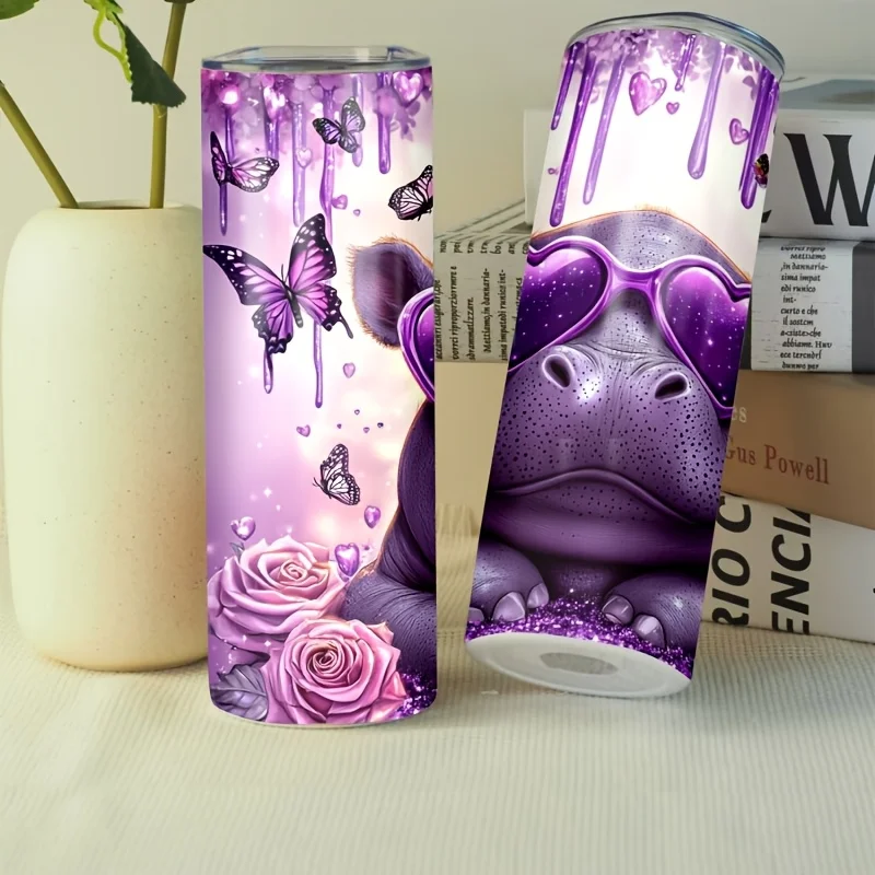 1pc 20oz Cute Hippo Butterfly Flower Pattern Stainless Steel Tumbler with Lid and Straw, Athletes, Daughter, Dad, Mom, Family, Classmates - Hand Wash Only, PVC Free, Round Shape, Perfect for Basketball, Soccer, Cycling, Summer & Winter Use