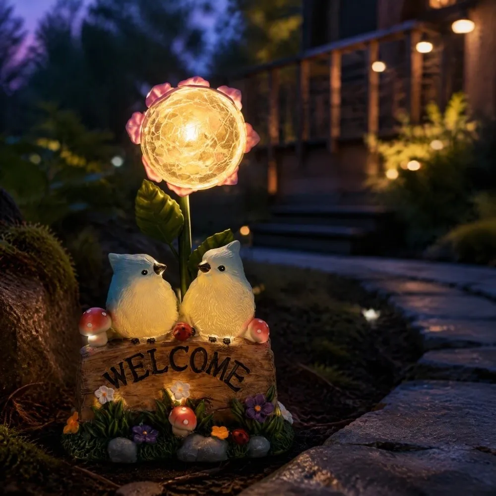 Solar Powered Garden Welcome Sign Warm Light Durable Resin Solar Resin Craft Creative Design No Wiring Needed Garden Ornament