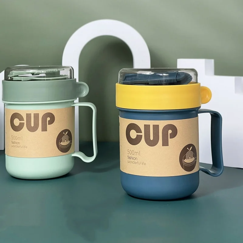 500 مللي كوب الإفطار المحمول كوب الشوفان الحبوب الجوز الزبادي القدح كوب للوجبات الخفيفة كوب الحساء القدح الميكروويف مع ملعقة غطاء لأدوات المطبخ