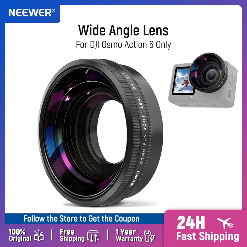 Lente Grande Angular NEEWER 185 °   Lente de câmera de ação com rosca de vidro óptico FOV HD, acessórios de fotografia para DJI Osmo Action 6 apenas.