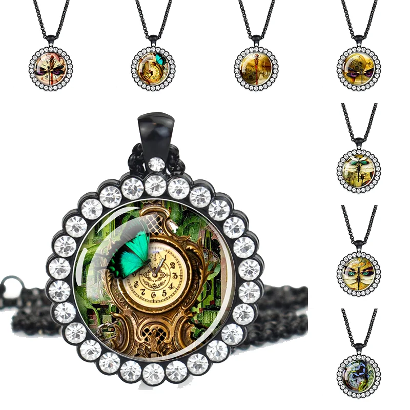 1 قطعة ساعة الحشرات الطائرة تحت عنوان حجر الراين الأسود قلادة قلادة الزجاج كابوشون الأزياء الميكانيكية قلادة قلادة معدنية هدية