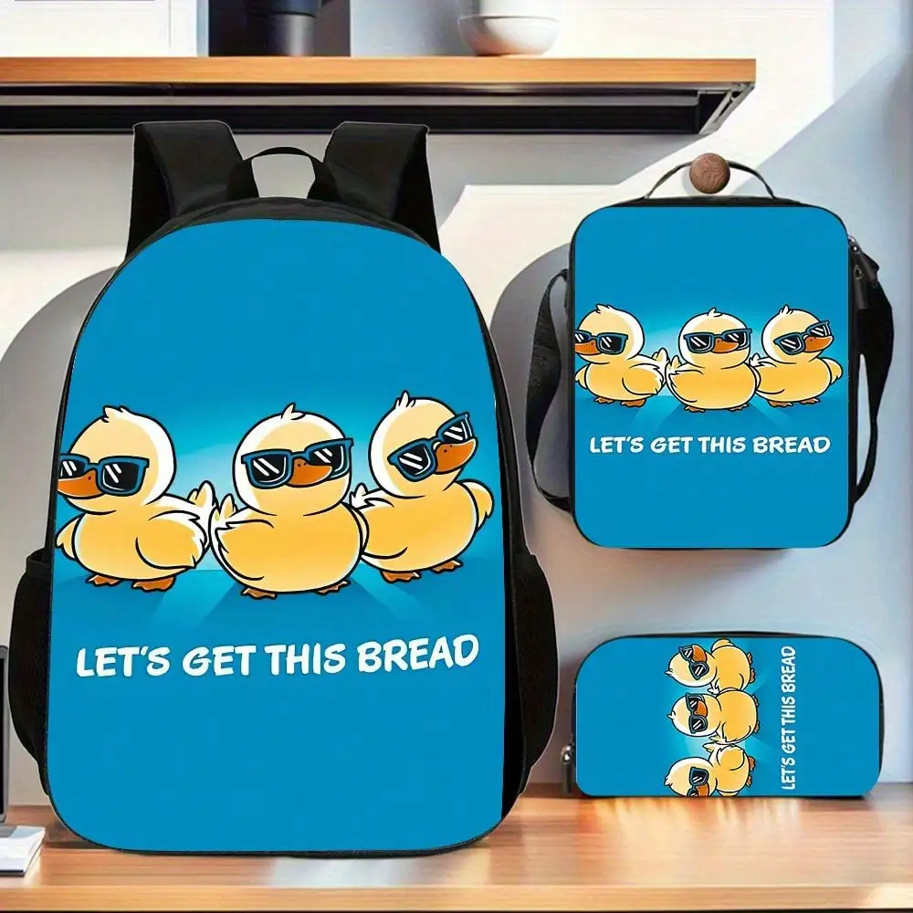 Little Yellow Duck 3pcs Backpack Set, Featuring A Spacious Casual Double-Shoulder Backpack, A Pencil Case, And A Lunch Box.Made From Lightweight, Perfect For Daily Use, Complete With An Adjustable Strap And Zipper Closure, Ideal For School