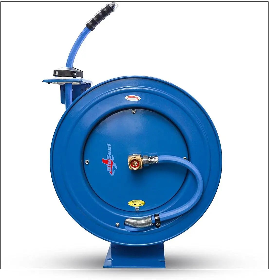 

BLUSEAL BSWR5850 Retractable Hose Reel with 5/8" x 50' Hot Water Rubber Hose, 6' Lead-in, 500 PSI, Brass Fittings