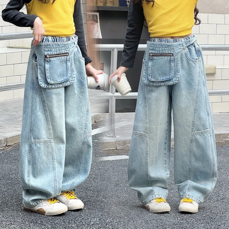 New Children Fashion Style Loose Straight Jeans with Waist Bag for Teen Girls Elegant Denim Pants Kids Spring Autumn Trousers