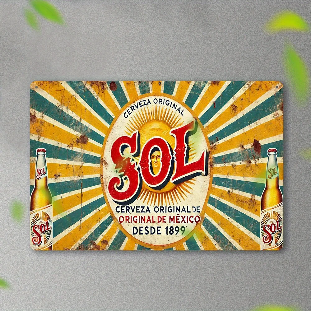 Vintage Sol Beer Metal Wall Sign - Mexican Brewery Retro Iron Decor with Vibrant Sunburst Colors, ch Outdoor/Indoor Farmhouse