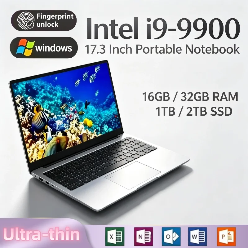 Intel i9 9900 17.3 Inch Full Size Laptop 32GB RAM 2TB SSD Fingerprint Unlock Gaming Work High Performance Pro Ultra