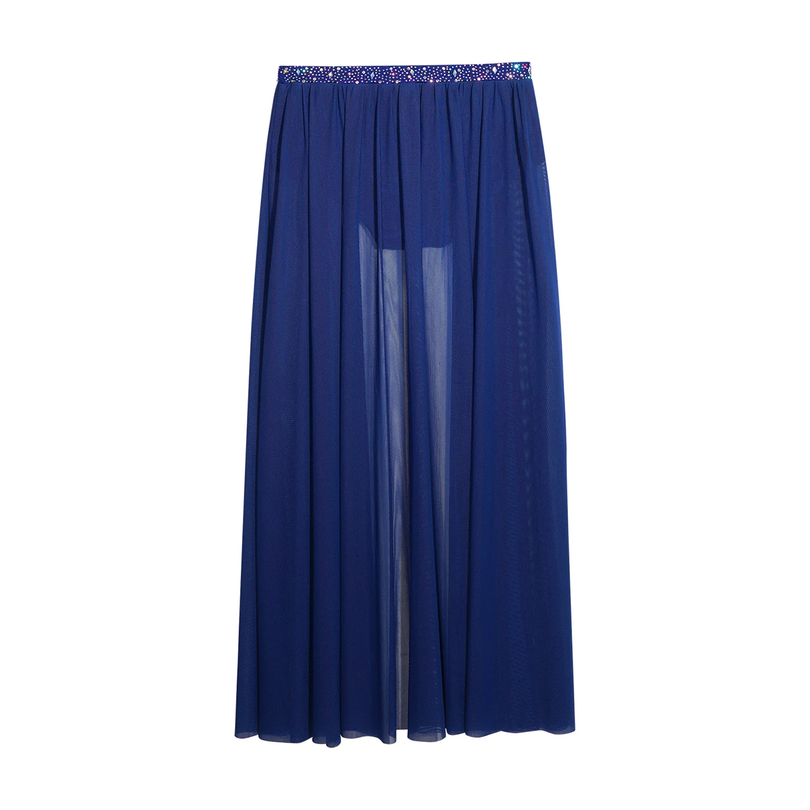 Kids Shiny Rhinestones Open Front Flowy Sheer Mesh Skirt Girls Lyrical Dance Costume Teens Modern Contemporary Dance Skirts