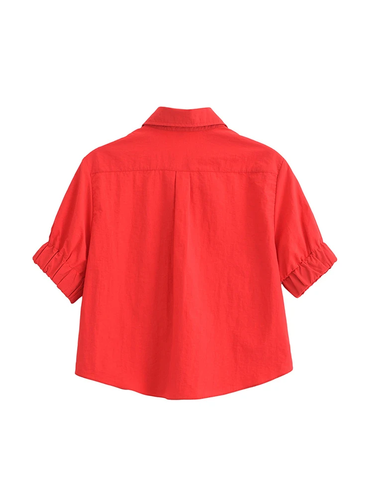 Casual Turn-Down Collar Shirts for Women, Short Red Shirts, Ladies Fashion, Elastic Cuff, Black Loose Tops, Sum