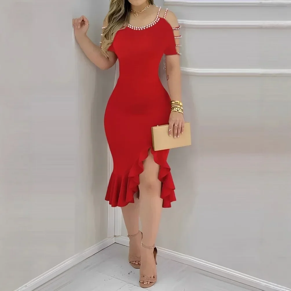 Women Pearl Trim Cold Shoulder Midi Dress Cutout Strap Sleeve Ruffle Split Hem Bodycon Party Dress