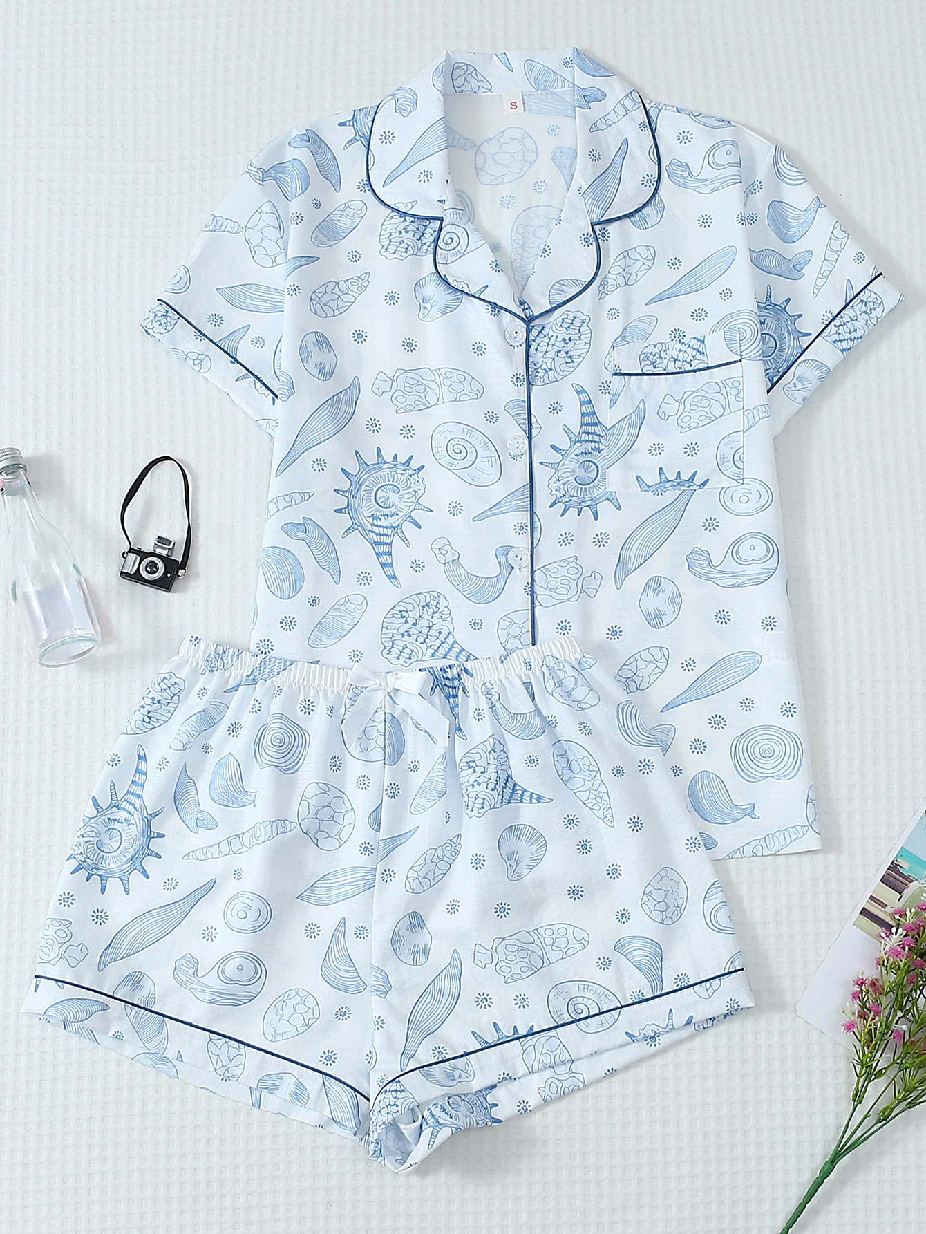 2-Piece Pajama Set with Sea Conch Print, Short-Sleeved Shorts, Women's Pajamas, Home Wear Set, Suitable for Home Use