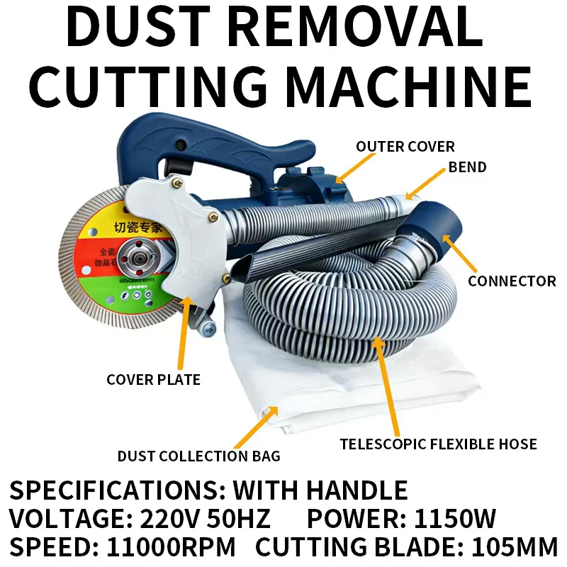 220V Dust-free Tile Cutter, Dust-collecting and Cutting 2-in-1 Stone Grinding Machine, Handheld Angle Grinder
