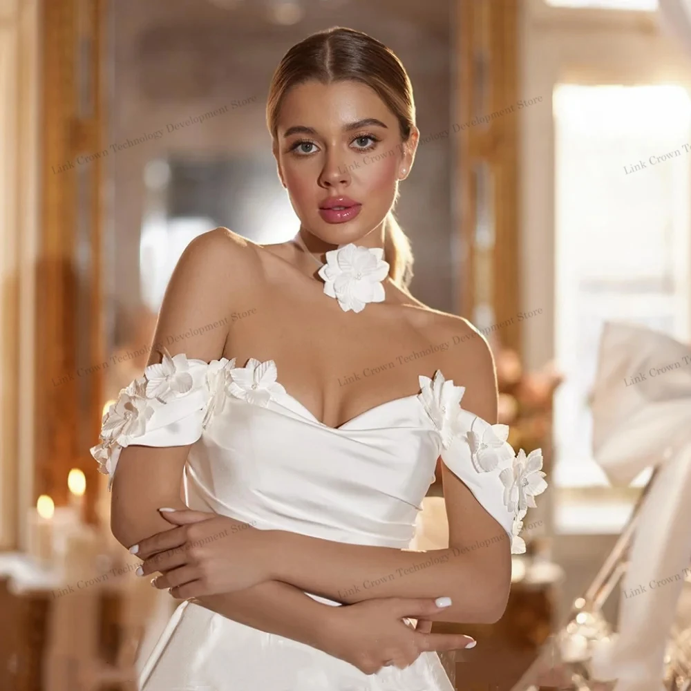 Ivory Off Shoulder Wedding Dresses with Satin Side Slit Bridal Gowns for Women 2024 Sleeveless Satin Sweep Train Vestido De New