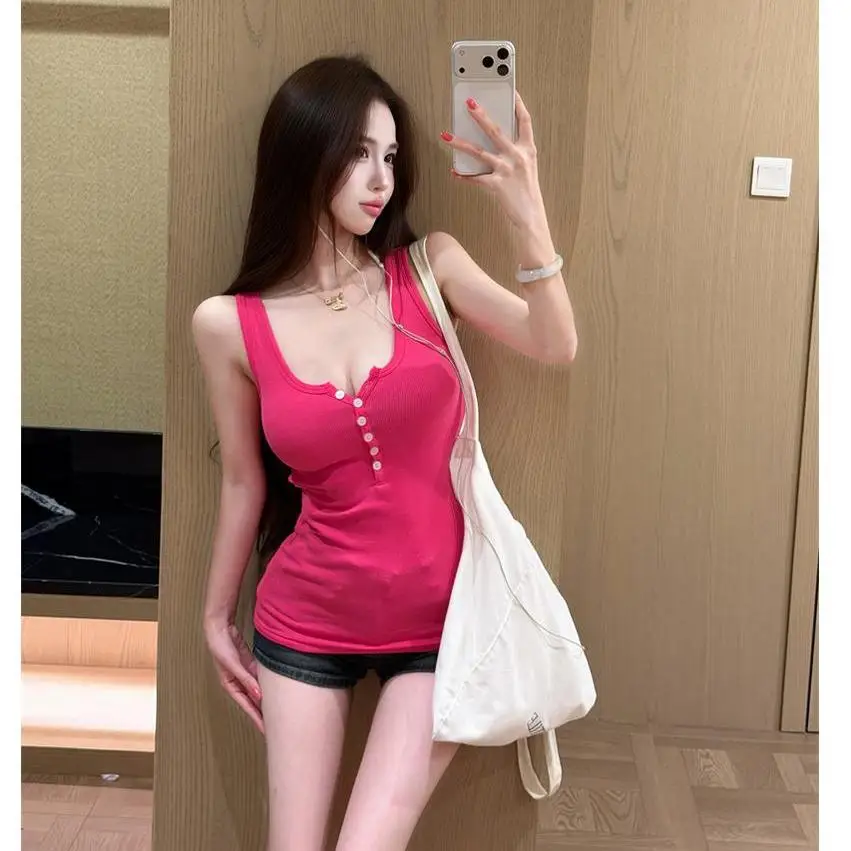 Pink Halter Neck Vest Women's Summer Outfit Pure Desire Slim Fit Short Top Button Closure Polyester Cotton Blend Vest