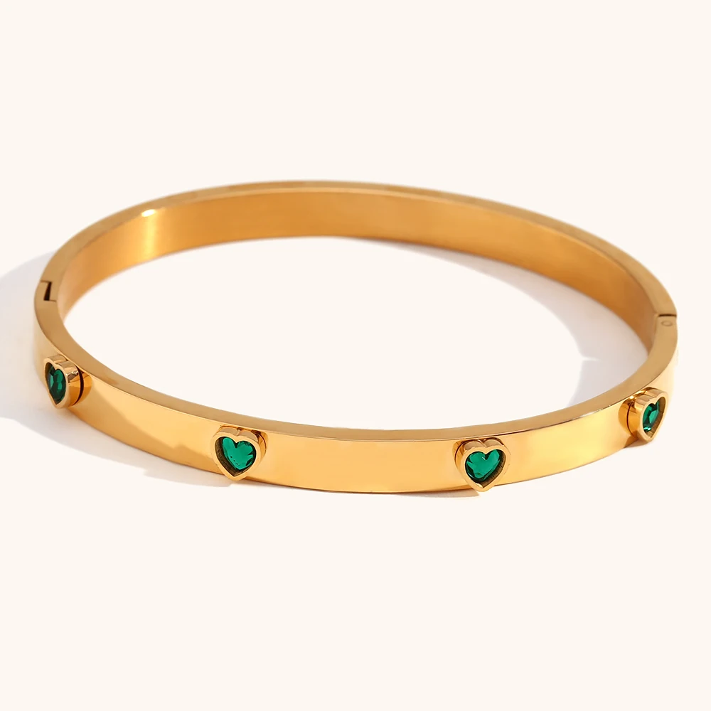 La.Muses Sweet Romantic Green Clear Heart Zircon Can Be Opened Premium 18K Gold Plated Stainless Steel Bangles For Women Jewelry