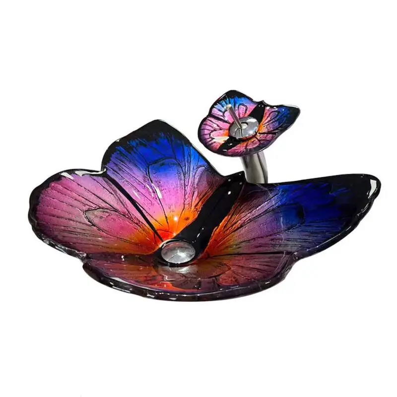 Tempered glass niche design blue butterfly stage basin hand wash basin bonsai type wash basin