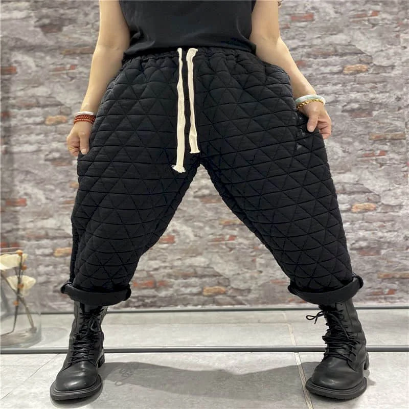 Solid Harem Pants for Women Vintage Trousers Korean Style Casual Lightweight Cotton Added Lingge's Quilted Pants Women Clothing