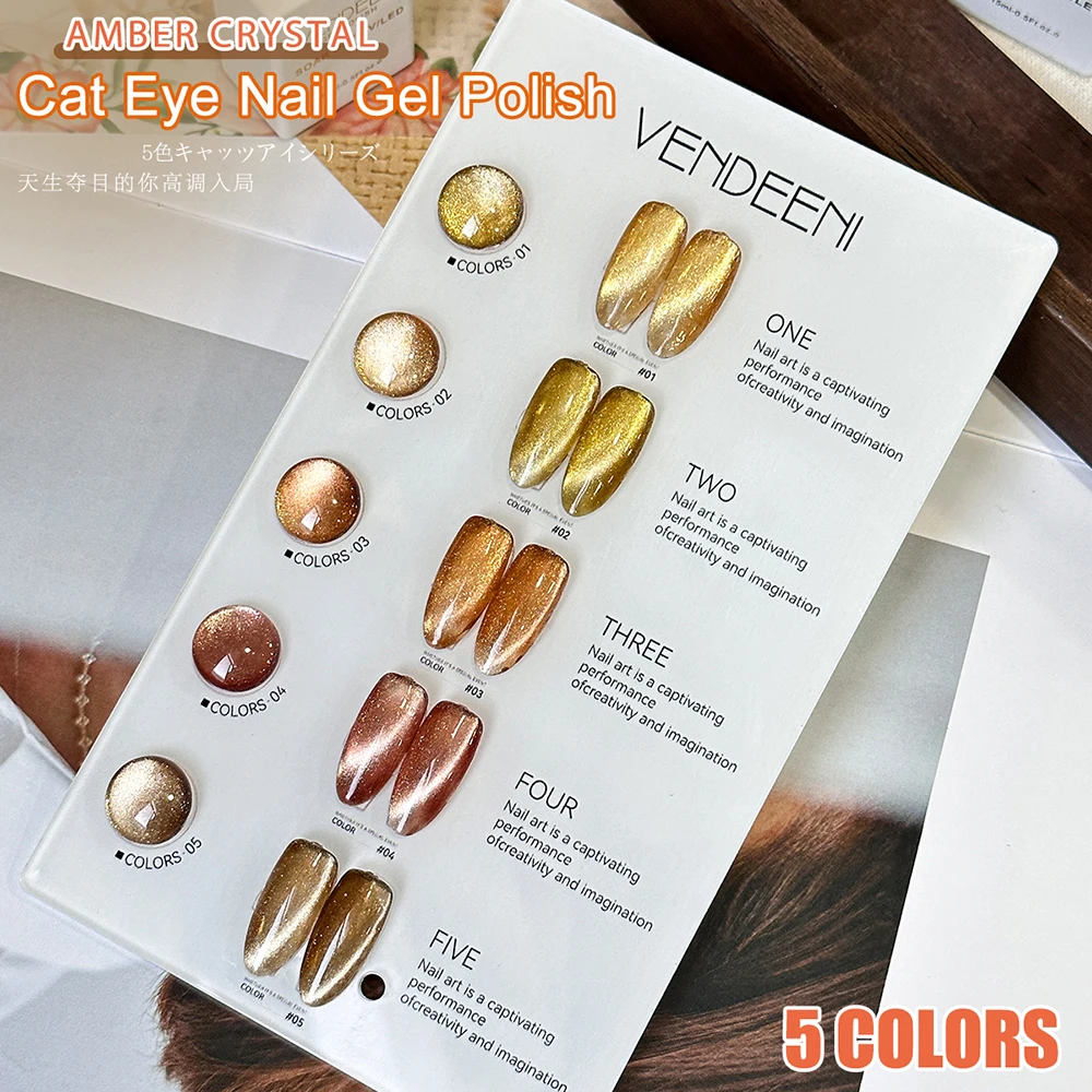 Vendeeni 5 Colors/Set Amber Crystal Cat Eye Gel Nail Polish Magnetic UV LED Gel Varnish Golden Brown Cat Eye Gel With Display
