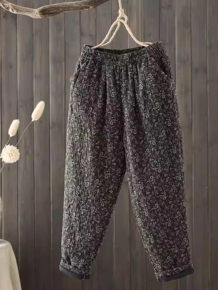 Pantalones acolchados de algodón para mujer, pantalón grueso y cálido con estampado Floral, estilo Harem Vintage, invierno, 2024