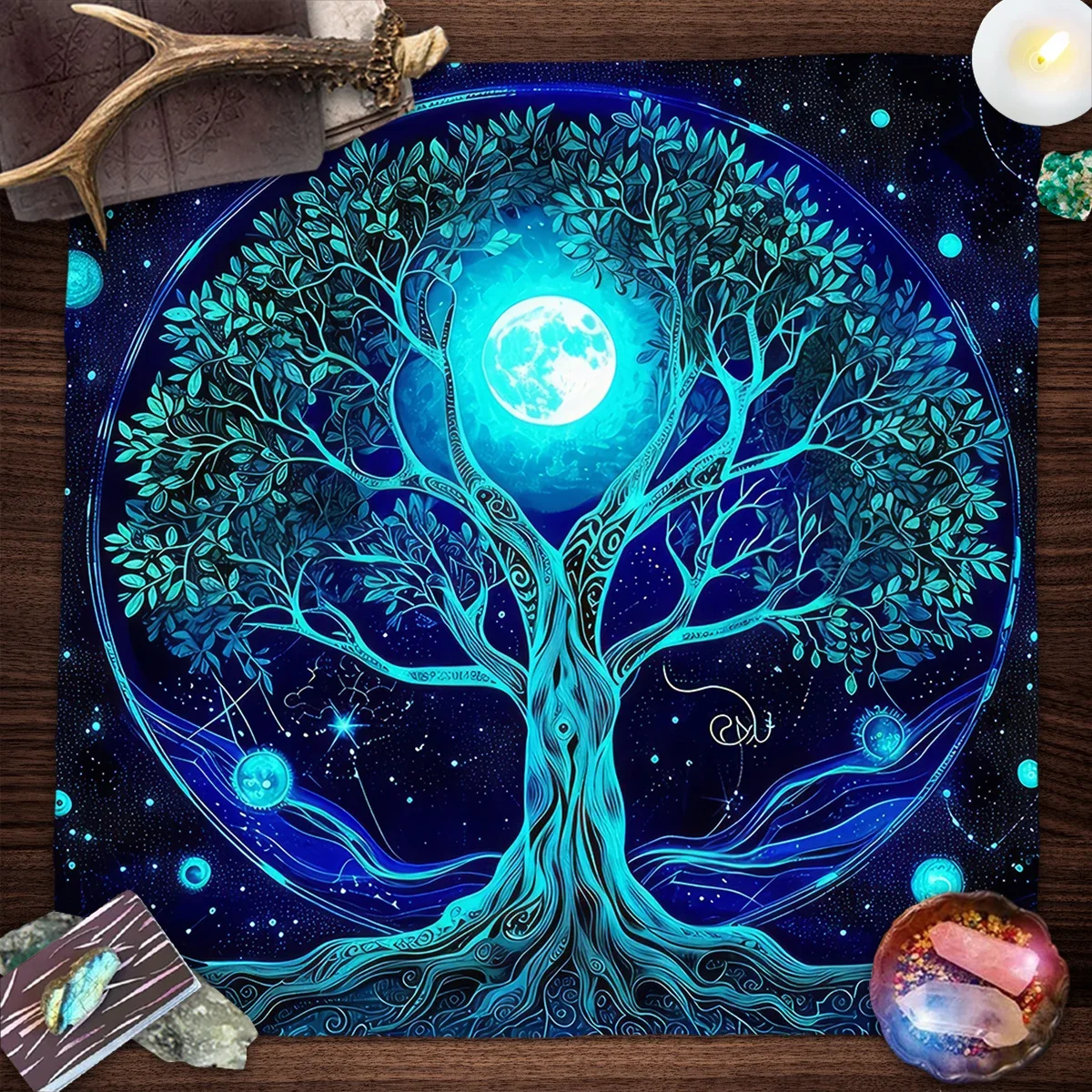 Mystic Blue Moon Tree Of Life Altar Cloth Tarot Tablecloth Divination Witchcraft Astrology Oracle Card Mat Home Decor
