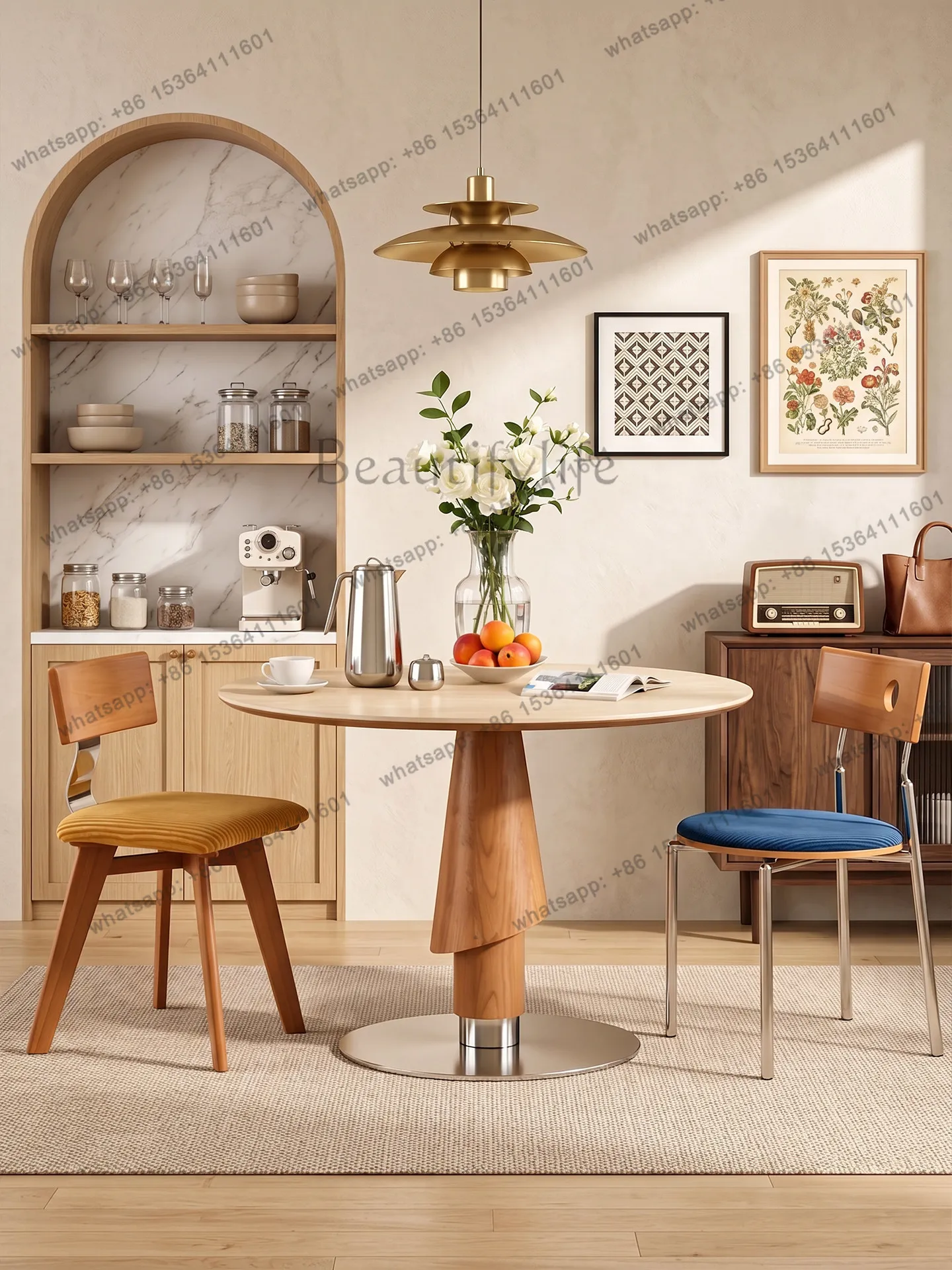 PJ medieval solid wood rock slab dining table household small apartment travertine rock slab