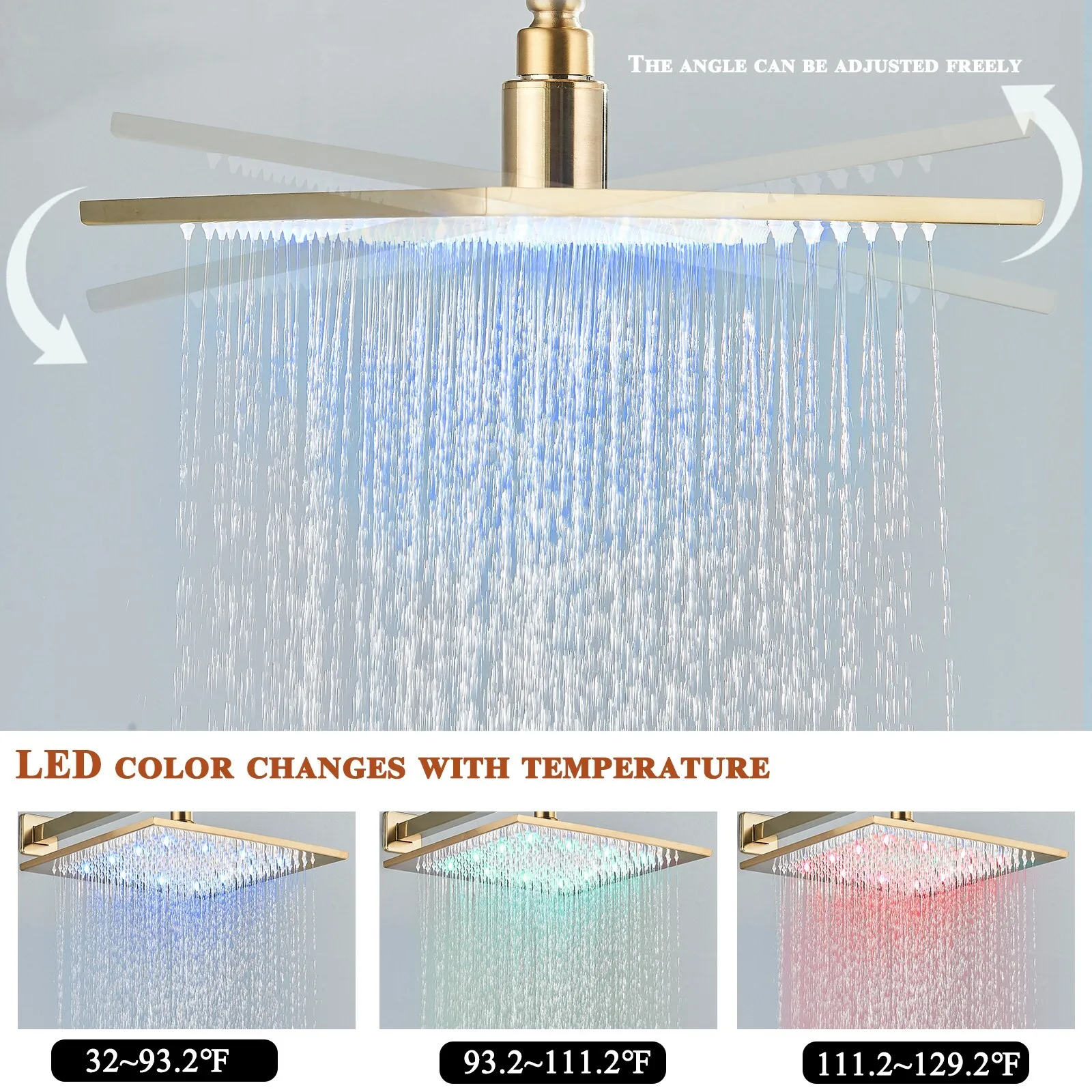

Brushed Gold 16 in LED Rainfall Shower Head Wall/Ciling Mount Top Sprayer Brass