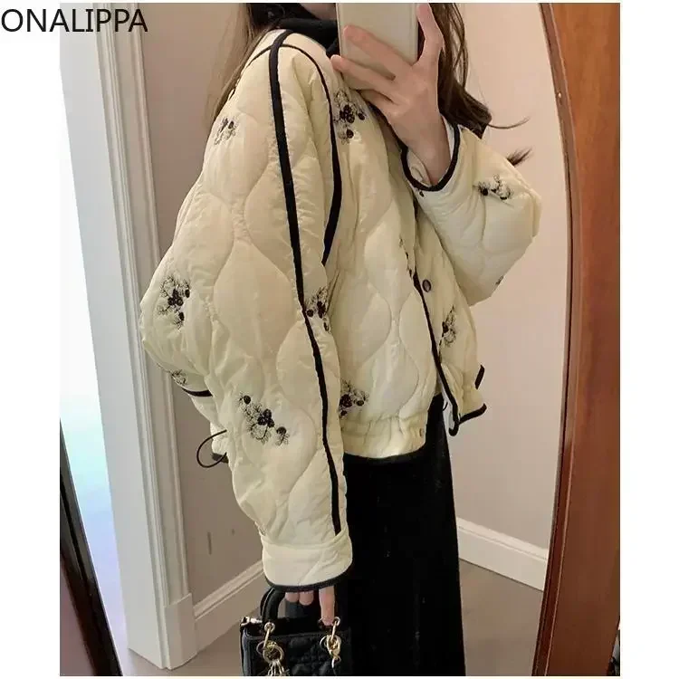 Onalippa Embroidery Floral Quilted Coat Small Fragrance Drawstring Contrast Winter Clothes Women French Style Vintage Coats