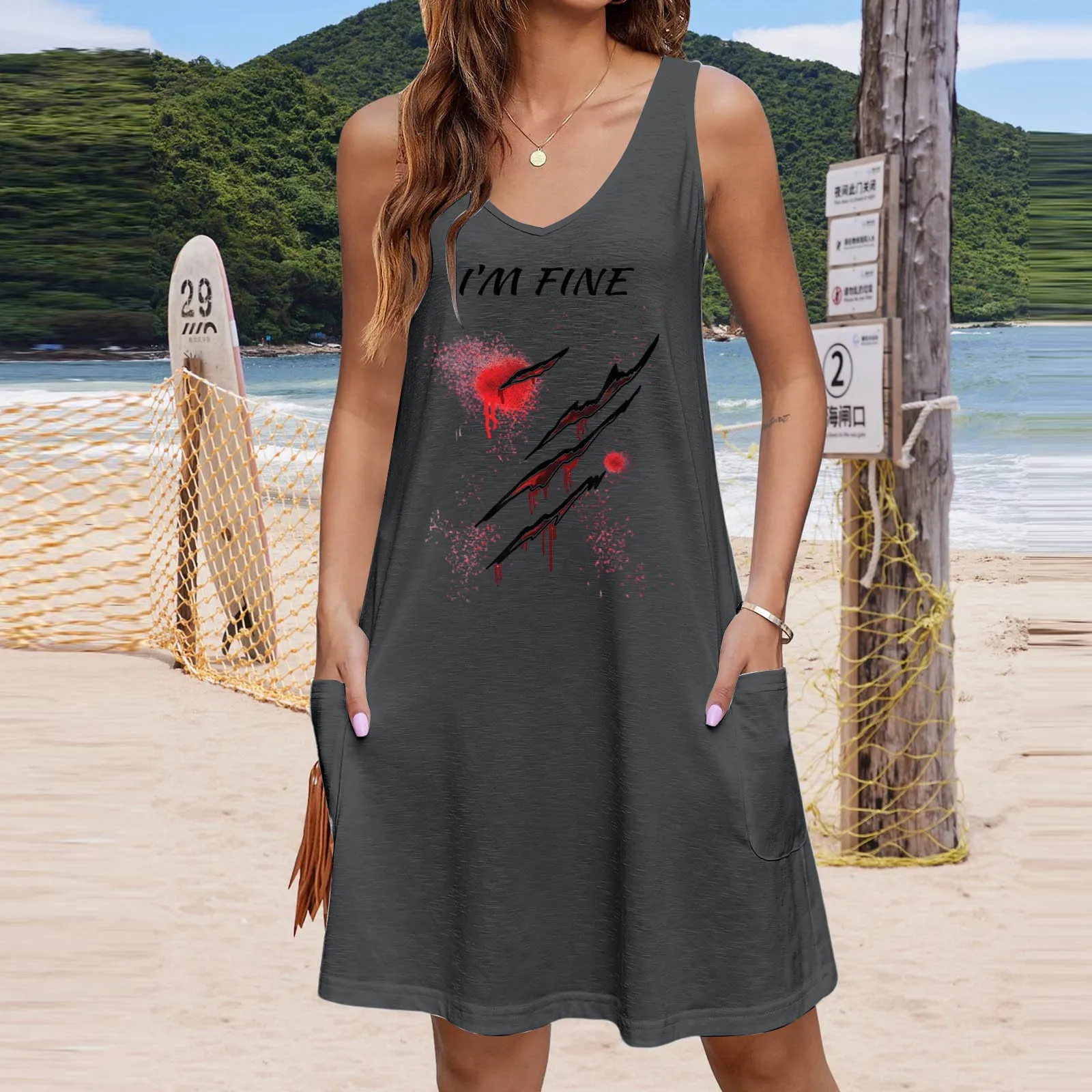 

Blood Printed Halloween Vest Dress for Women Loose Fitting Casual Sleeveless Dresses 2024 Summer Pocket V-Neck Mini Dress