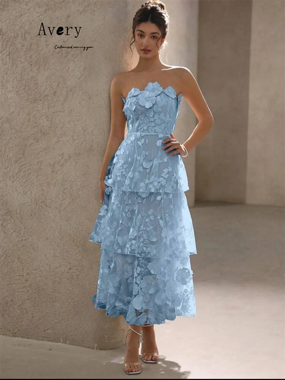 Avery Maßgeschneiderte blaue Blume, A-Linie, hohl, luxuriös, Damen-Abendkleider, elegante Partykleider, 2025, Party, langes Kleid