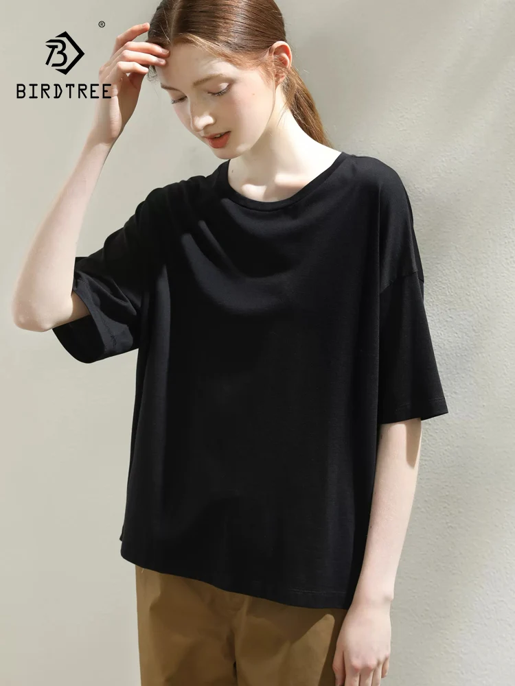 

BirdTree 55% Natural Silk 45% Cotton T-Shirt, Women Half Sleeve O Neck Black, Versatile Casual Tops, 2024 Summer Autumn T47192QC