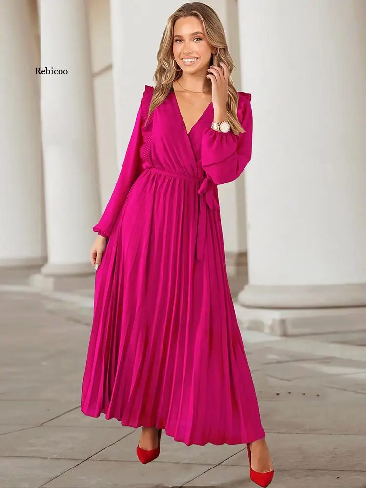 

Woman Clothes Elegant Fashion V-neck Long Sleeve Tunics A-line Pleated Dress Female Ruffles High Waist Maxi Evening Party Robe