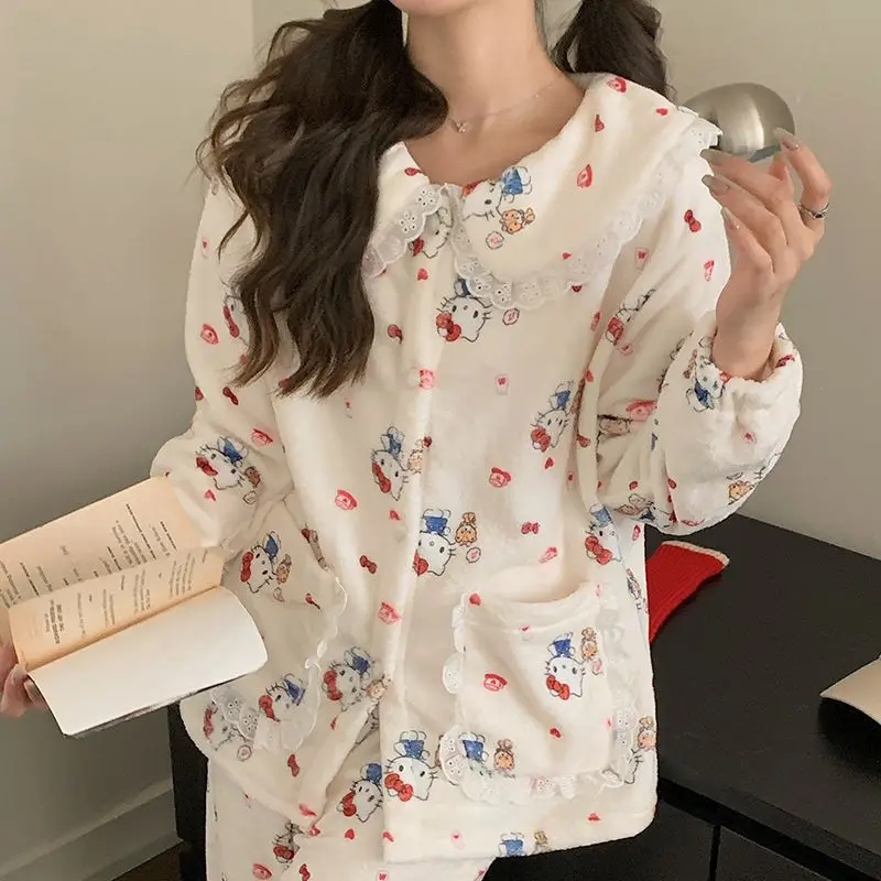 

Женский супермягкий пижамный комплект Hello Kitty из кораллового флиса, зимняя теплая термобелье для сна, уютная домашняя одежда для дома, полный комплект