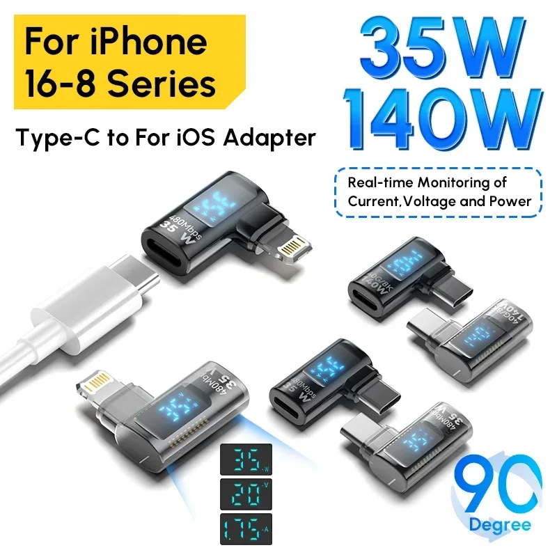 Adaptador OTG de 90 grados, 140W, tipo C para iluminación, pantalla Digital de 35W, conector USB para IPhone 16, 15, 14, 13 Pro Max, probador de IPad