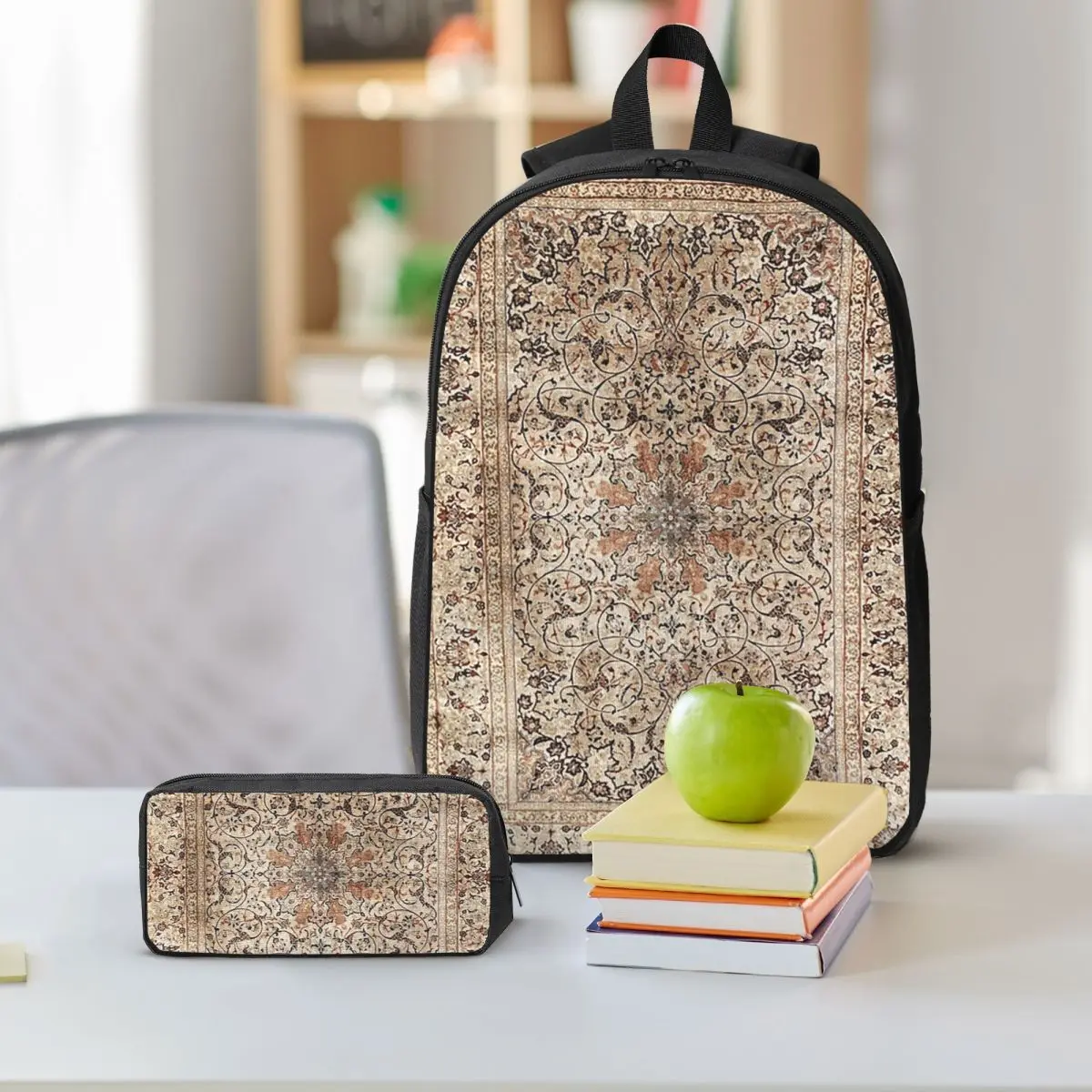 Silk Esfahan Persian Carpet Print Backpack Student BookBag School Bag Shoulder Bags 3ps Insulated Lunch Bag Pencil Case