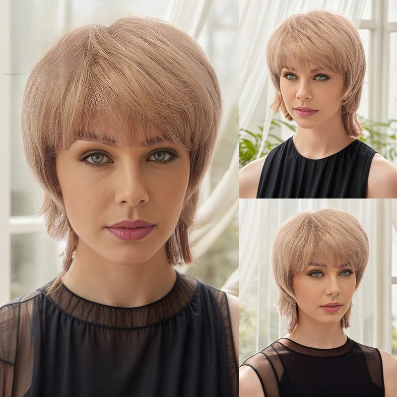 Hot-selling whole wig yellow simulation natural side bangs short hair headgear