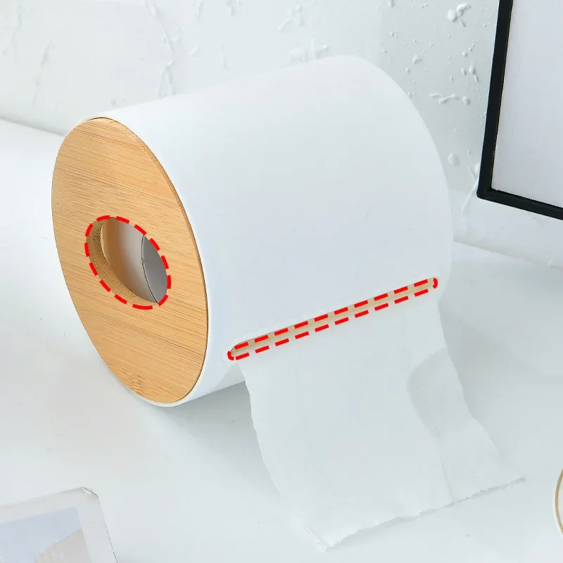 Plastic Tissue Box Round Toilet Tissue Dispenser Paper Roll Holder Napkin Organizer with Bamboo Lid for Bathroom Bedroom Office