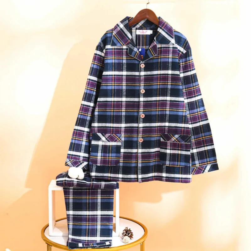 Autumn And Winter New Men's Pajamas Long-sleeved Trousers Two-piece Flannel Thickened Warm Home Service Set Plaid Large Size Men