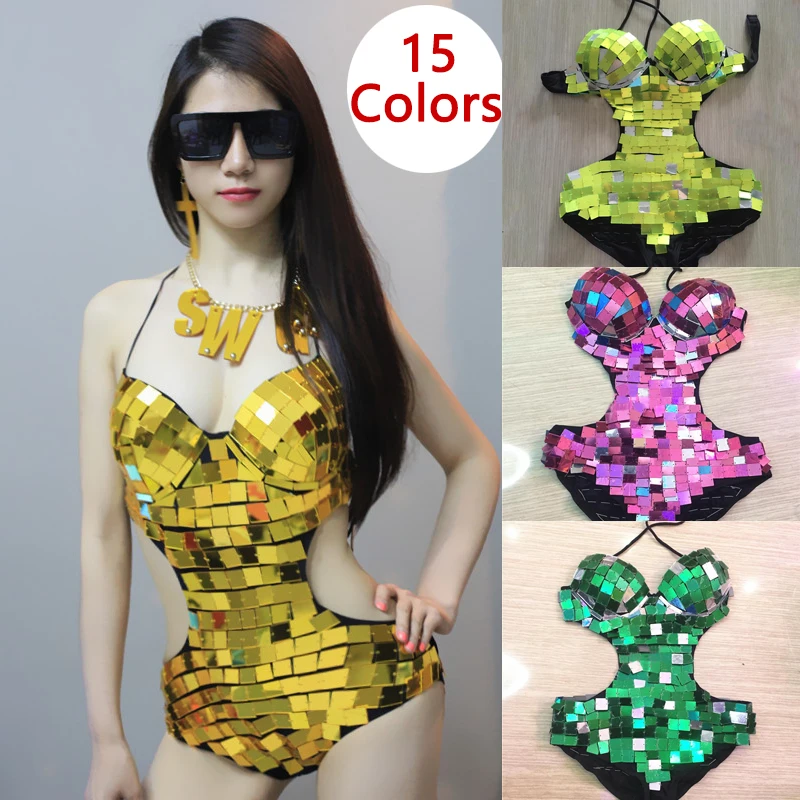 

Multicolor Mirrors Bodysuit Sexy Backless Cutout Bodysuit Women Sequins Gogo Dancer Costume Pole Dance Festival Outfit XS4851