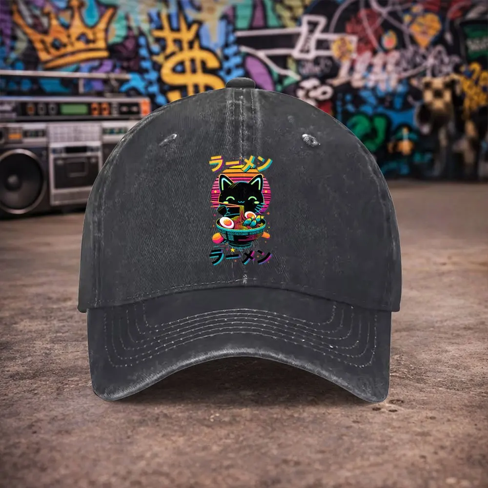 1pc Unisex Ramen Cat Print Vintage Washed Baseball Cap - Men's Trendy Hat - Versatile Duckbill Cap - Fun Print - A Unique Birthd
