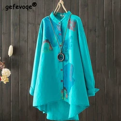 Primavera outono feminina gola de manga longa vintage casual camisa solta algodão e linho botão irregular midi blusa feminina topo