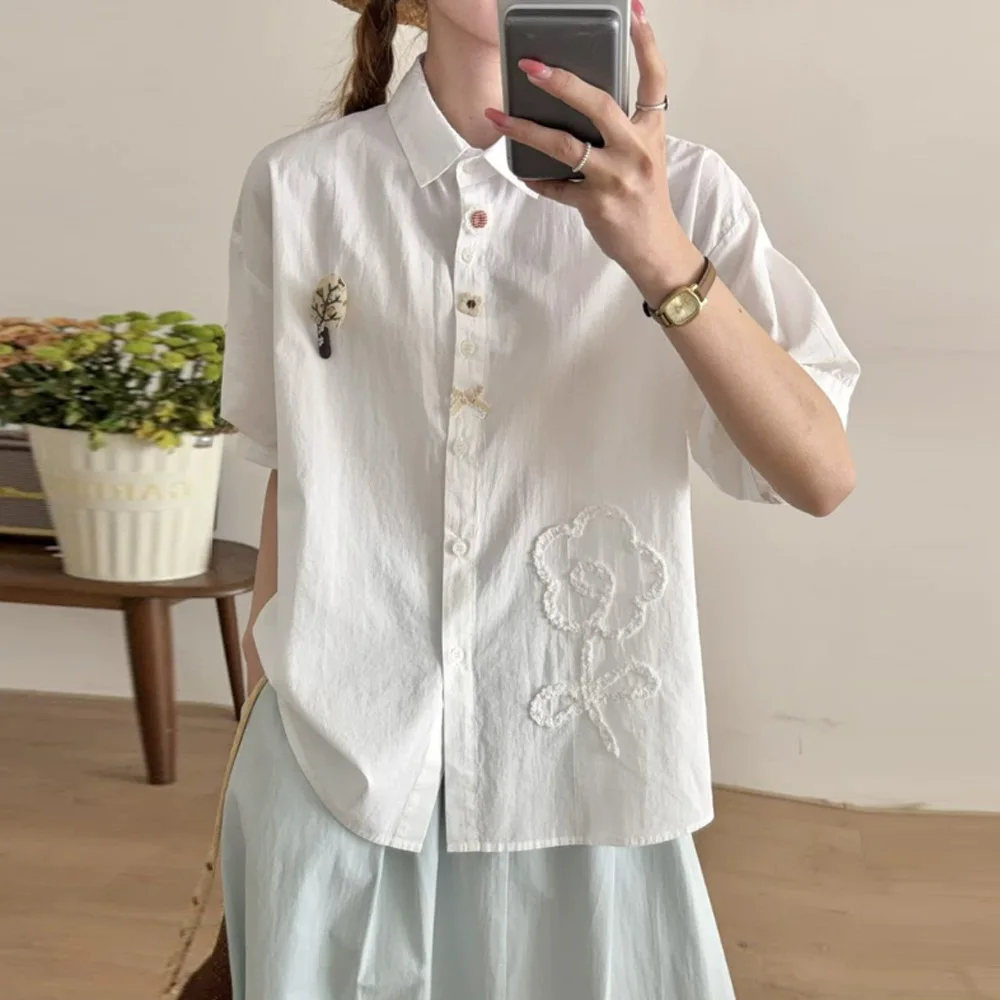 

Japanese Sweet Mori Girl Solid Color 3D Embroidery Cotton Shirts Women Summer Turn Down Collar Short Sleeve Casual Loose Blouse