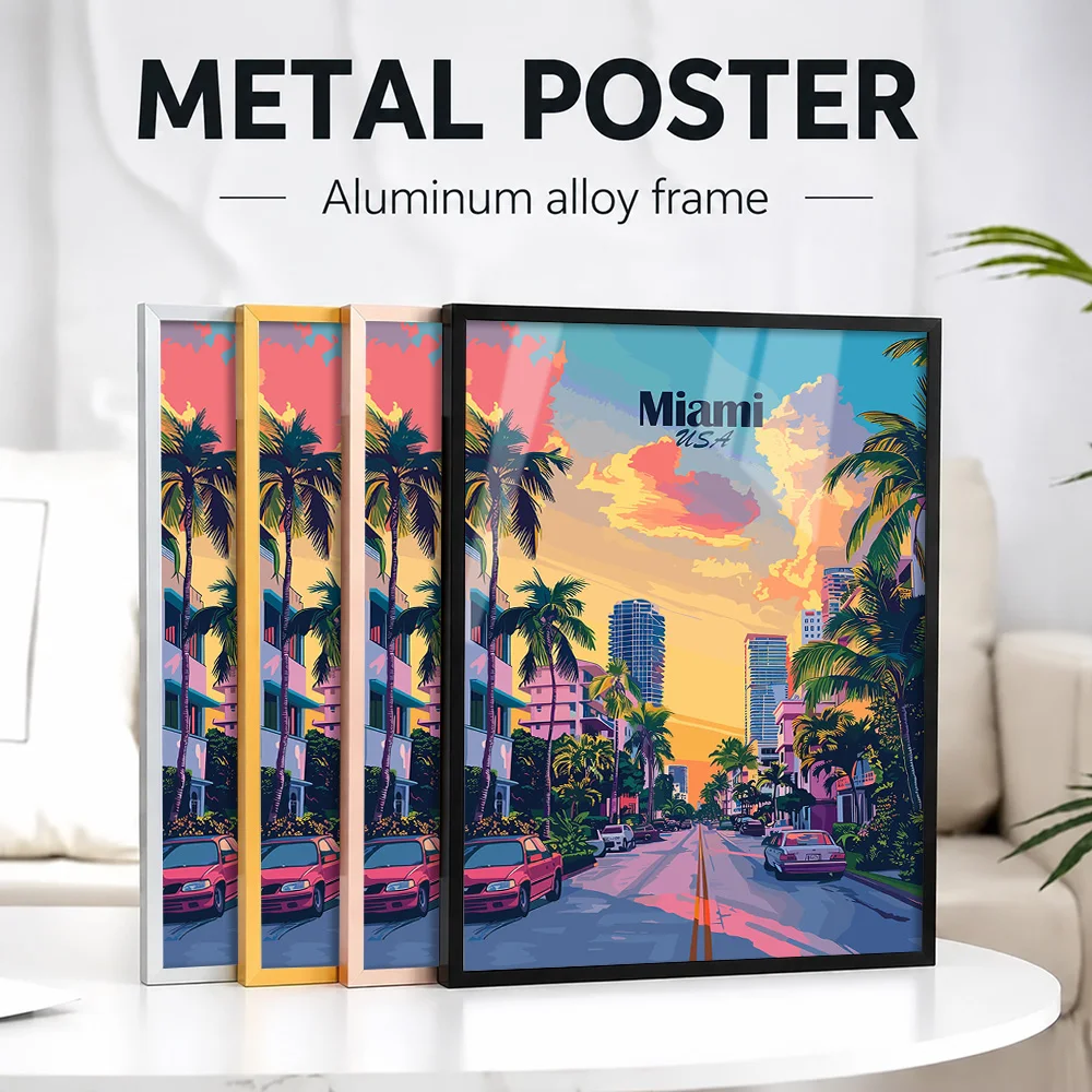 Miami USA Cityscape Featuring Palm Trees Metal Poster With Aluminum Alloy Frame Customized Photo Travel Style Wall Art For Study