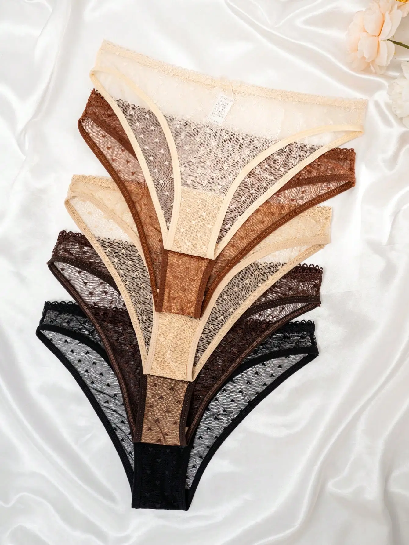 

Набор из 5 прозрачных сетчатых трусиков-стрингов с принтом в виде сердечек для женщин