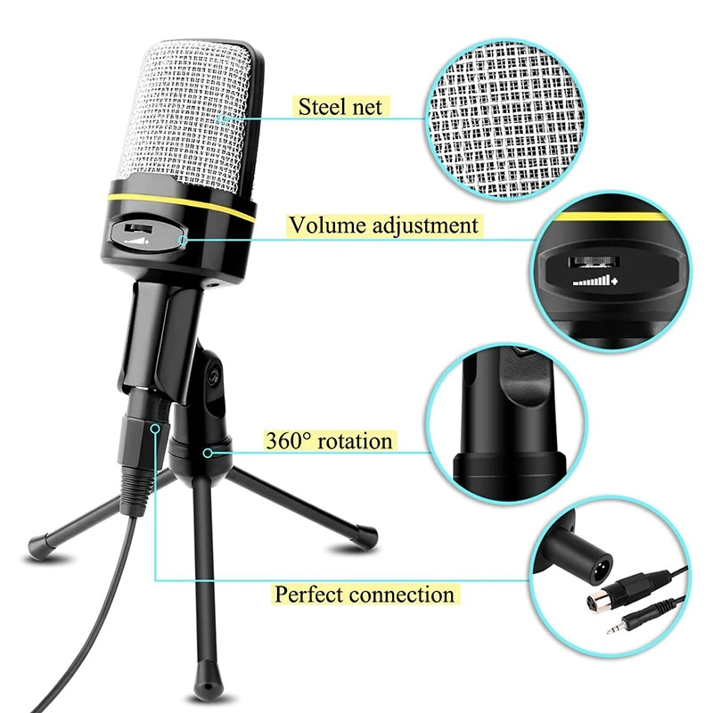 Конденсаторный микрофон, профессиональный микрофон для записи со штативом и подставкой, для трансляций, чата, видеоконференций, Youtube