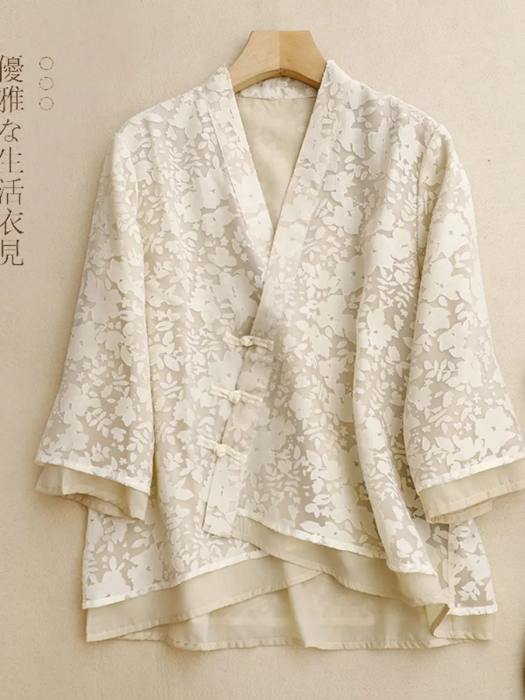 

New Chinese Sle Tea Ceremony irt Women's Loose V-Ne Embroidered Button up Top Spring Summer Faion Retro Commute