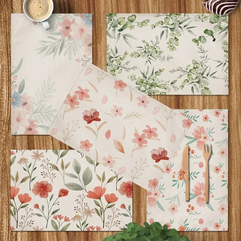 Floral Pattern Placemat Kitchen Decor Cotton Linen Boho Flower Dining Table Mats Coaster Pad Bowl Coffee Cup Mat 30x40CM