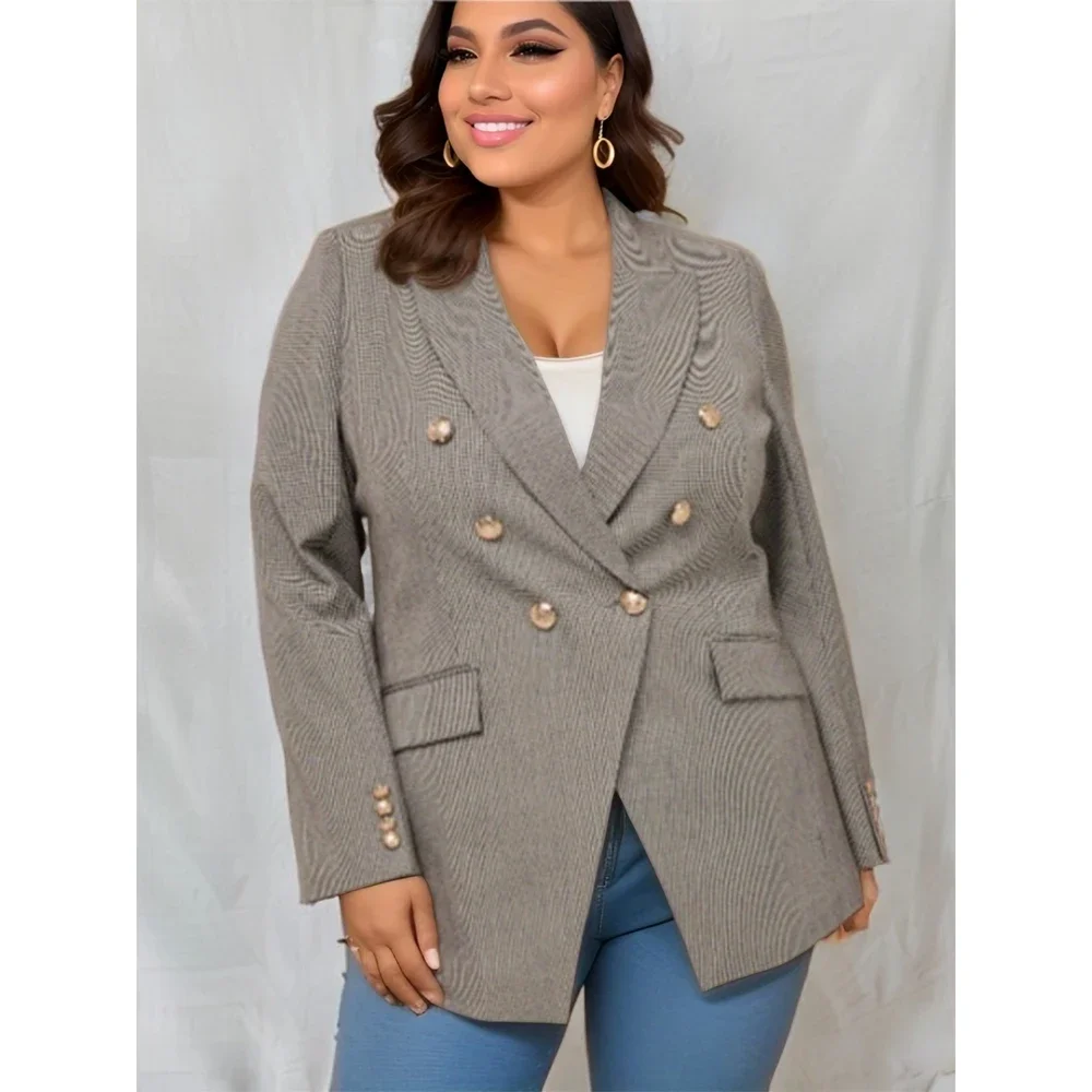 Women Fashion Plus Size Blazer Lapel Collar Office Lady Metal Button Plaid Casual Long Sleeve Jacket Coat Autumn Outerwear