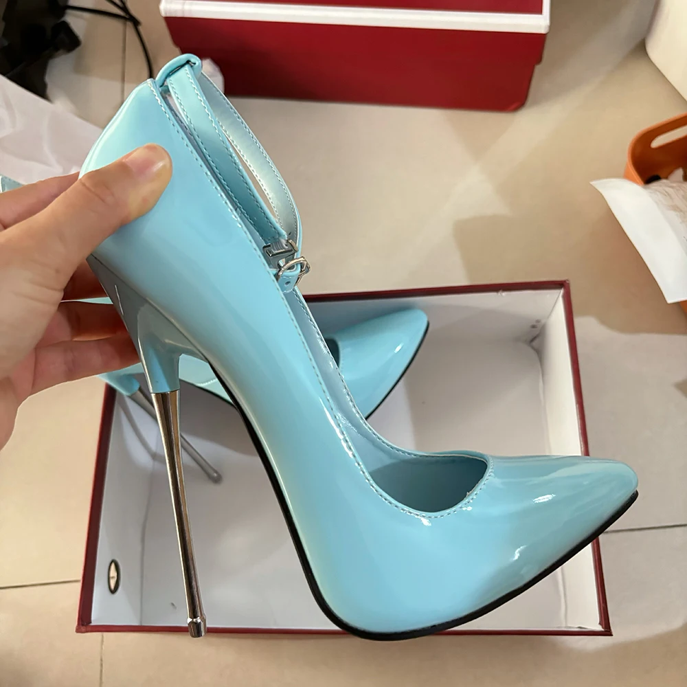 16cm Extreme Metal High Heels Stilettos Shiny Silver Sexy Women Pumps Sky Blue Fetish Model Show Party Unisex Man Shoes Big Size